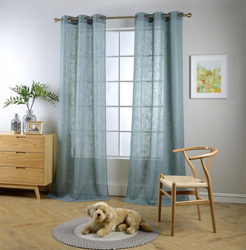 MIUCO Semi Sheer Curtains Poly Linen Textured Solid Grommet Curtains 63 Inches Long for Living Room 2 Panels (2 x 37 Wide x 63" Long) Teal - Image 1